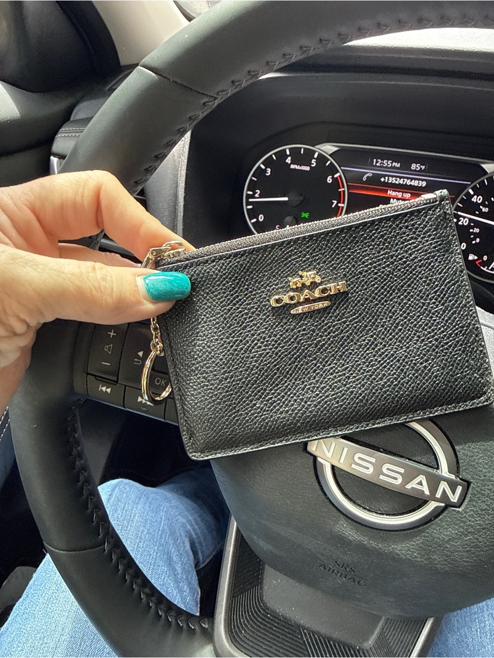 Coach Black Leather Zip Card Case with Gold Logo and Key Ring